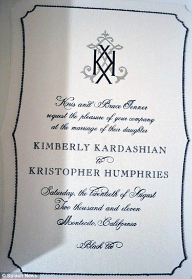 Kardashian and Kris Humphries' wedding invitation circulated on the web this